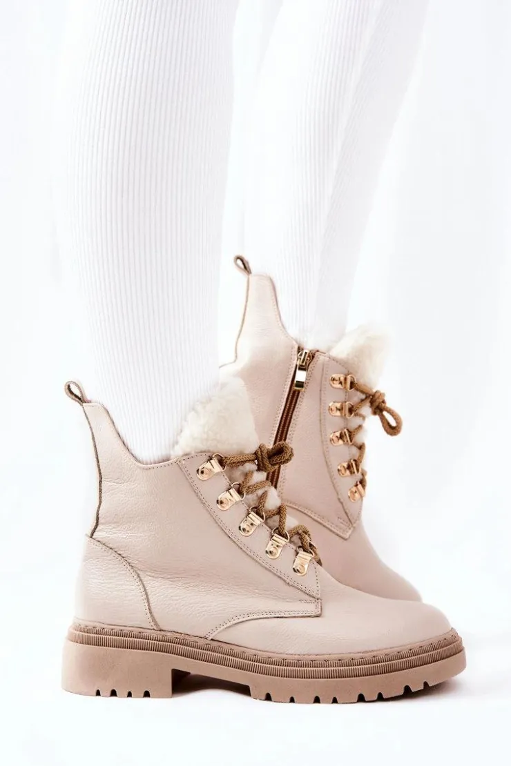 Boto Damskie Trapery|Botki Sznurowane*Skórzane Ocieplane Botki Beżowe Khaleni
