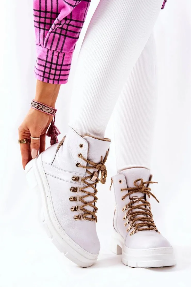 Boto Botki Skórzane|Botki Sznurowane*Skórzane Ocieplane Botki Biało-Beżowe Brescia