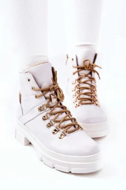 Boto Botki Skórzane|Botki Sznurowane*Skórzane Ocieplane Botki Biało-Beżowe Brescia