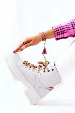 Boto Botki Skórzane|Botki Sznurowane*Skórzane Ocieplane Botki Biało-Beżowe Brescia