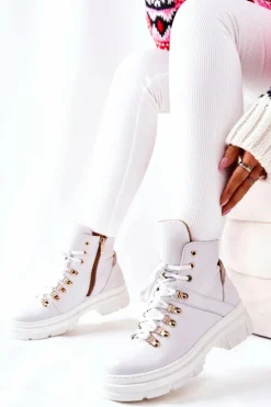 Boto Botki Sznurowane|Botki Płaskie*Skórzane Ocieplane Botki Białe Brescia