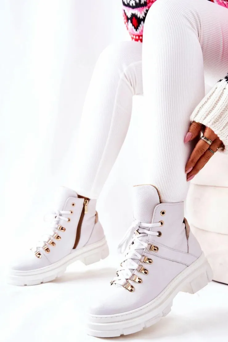 Boto Botki Sznurowane|Botki Płaskie*Skórzane Ocieplane Botki Białe Brescia