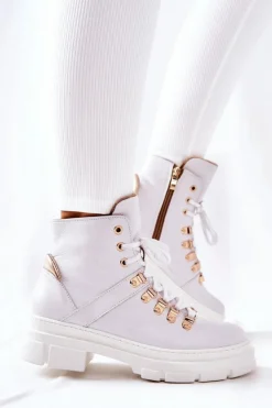 Boto Botki Sznurowane|Botki Płaskie*Skórzane Ocieplane Botki Białe Brescia