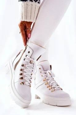 Boto Botki Sznurowane|Botki Płaskie*Skórzane Ocieplane Botki Białe Brescia