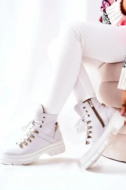 Boto Botki Sznurowane|Botki Płaskie*Skórzane Ocieplane Botki Białe Brescia