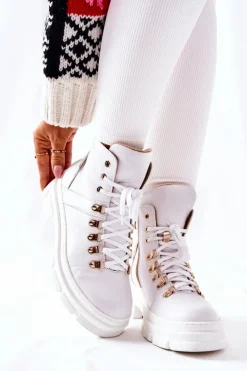 Boto Botki Sznurowane|Botki Płaskie*Skórzane Ocieplane Botki Białe Brescia