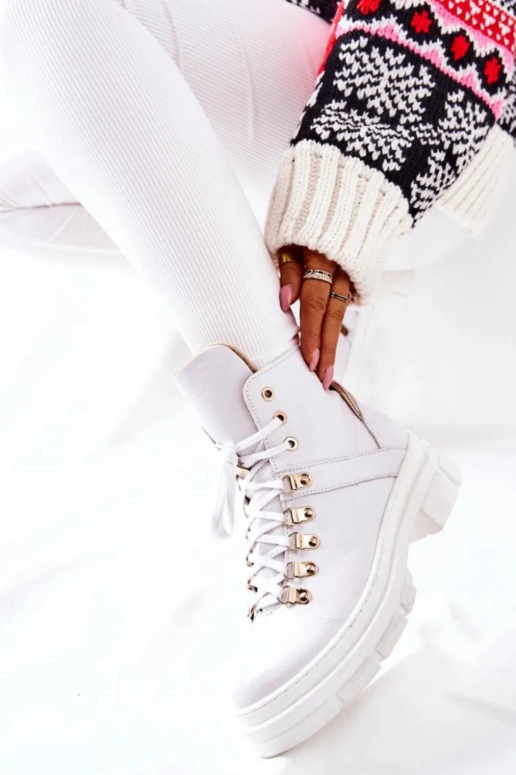 Boto Botki Sznurowane|Botki Płaskie*Skórzane Ocieplane Botki Białe Brescia