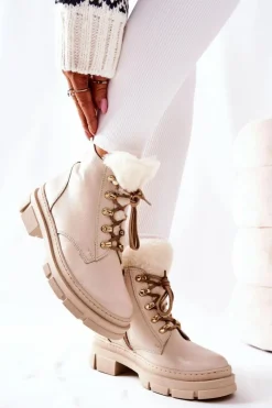 Boto Skórzane Ocieplane Botki Beżowe Molissa