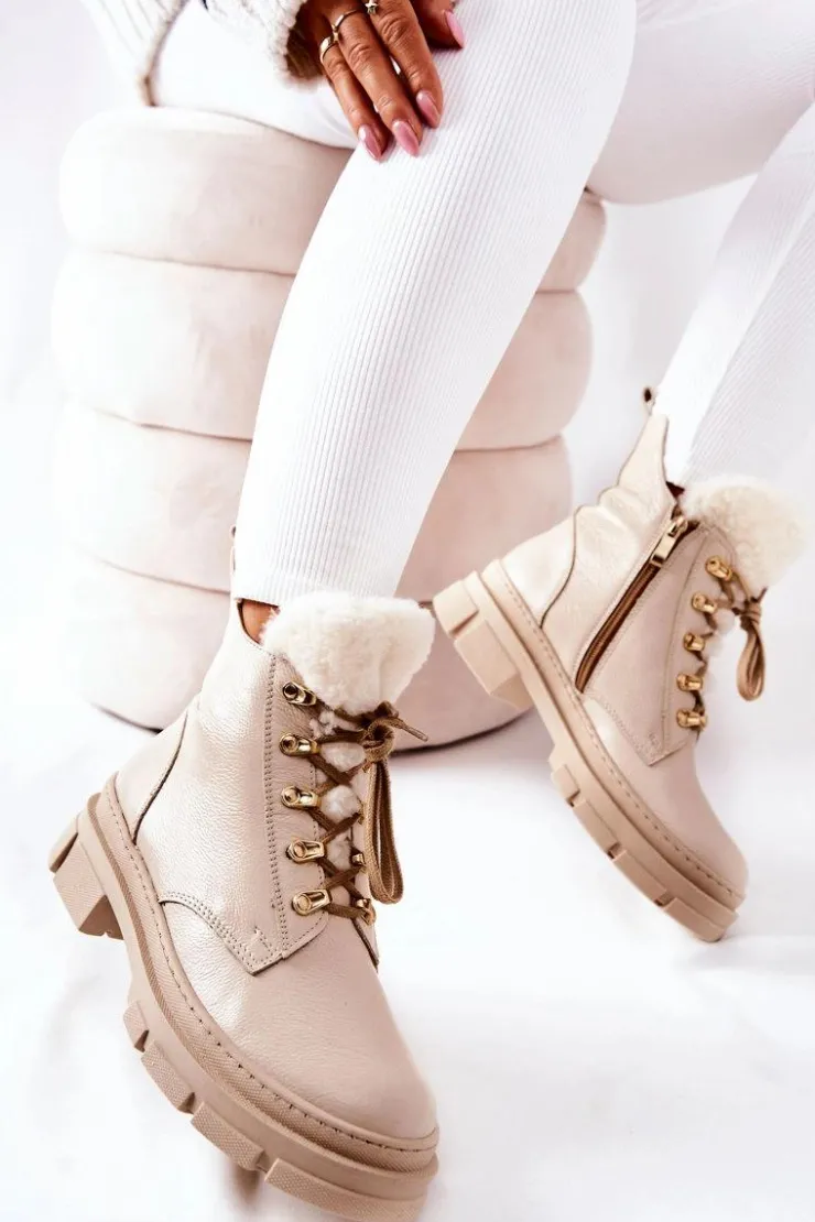 Boto Skórzane Ocieplane Botki Beżowe Molissa