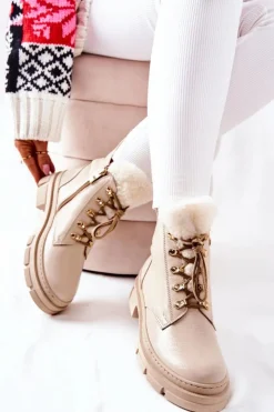 Boto Skórzane Ocieplane Botki Beżowe Molissa