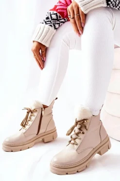 Boto Skórzane Ocieplane Botki Beżowe Molissa