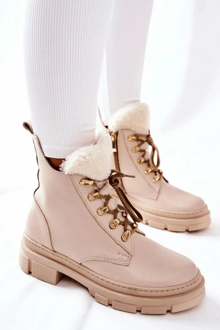 Boto Skórzane Ocieplane Botki Beżowe Molissa