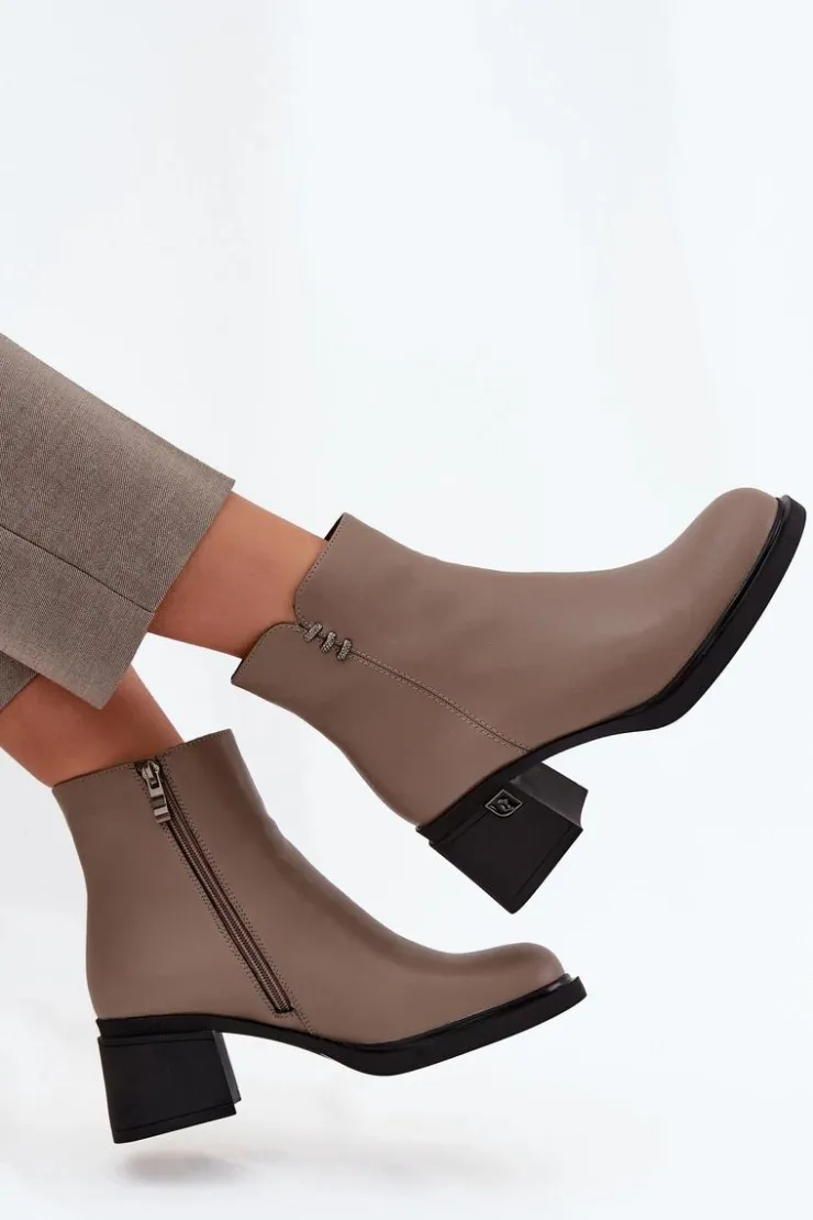 Buty damskie Vinceza Botki Ocieplane|Botki Skórzane*Skórzane Ocieplane Botki Damskie Na Klocku Vinceza 91159 Ciemnobeżowe Beżowy