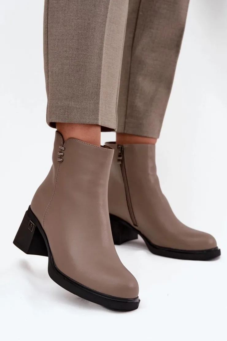 Buty damskie Vinceza Botki Ocieplane|Botki Skórzane*Skórzane Ocieplane Botki Damskie Na Klocku Vinceza 91159 Ciemnobeżowe Beżowy