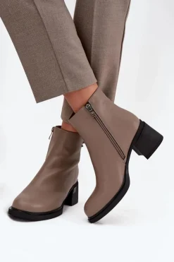 Buty damskie Vinceza Botki Ocieplane|Botki Skórzane*Skórzane Ocieplane Botki Damskie Na Klocku Vinceza 91159 Ciemnobeżowe Beżowy