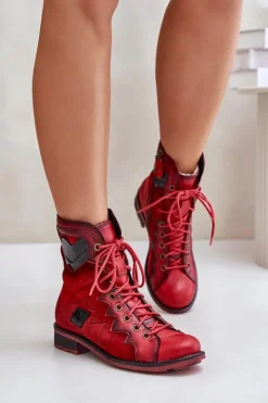 Maciejka Botki Maciejka|Botki Skórzane*Skórzane Ocieplane Botki Damskie Na Płaskim Obcasie 06106-08 Czerwone