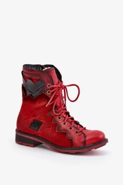 Maciejka Botki Maciejka|Botki Skórzane*Skórzane Ocieplane Botki Damskie Na Płaskim Obcasie 06106-08 Czerwone