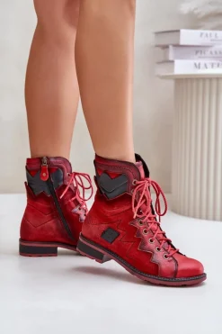 Maciejka Botki Maciejka|Botki Skórzane*Skórzane Ocieplane Botki Damskie Na Płaskim Obcasie 06106-08 Czerwone