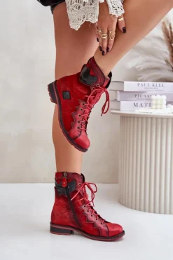 Maciejka Botki Maciejka|Botki Skórzane*Skórzane Ocieplane Botki Damskie Na Płaskim Obcasie 06106-08 Czerwone