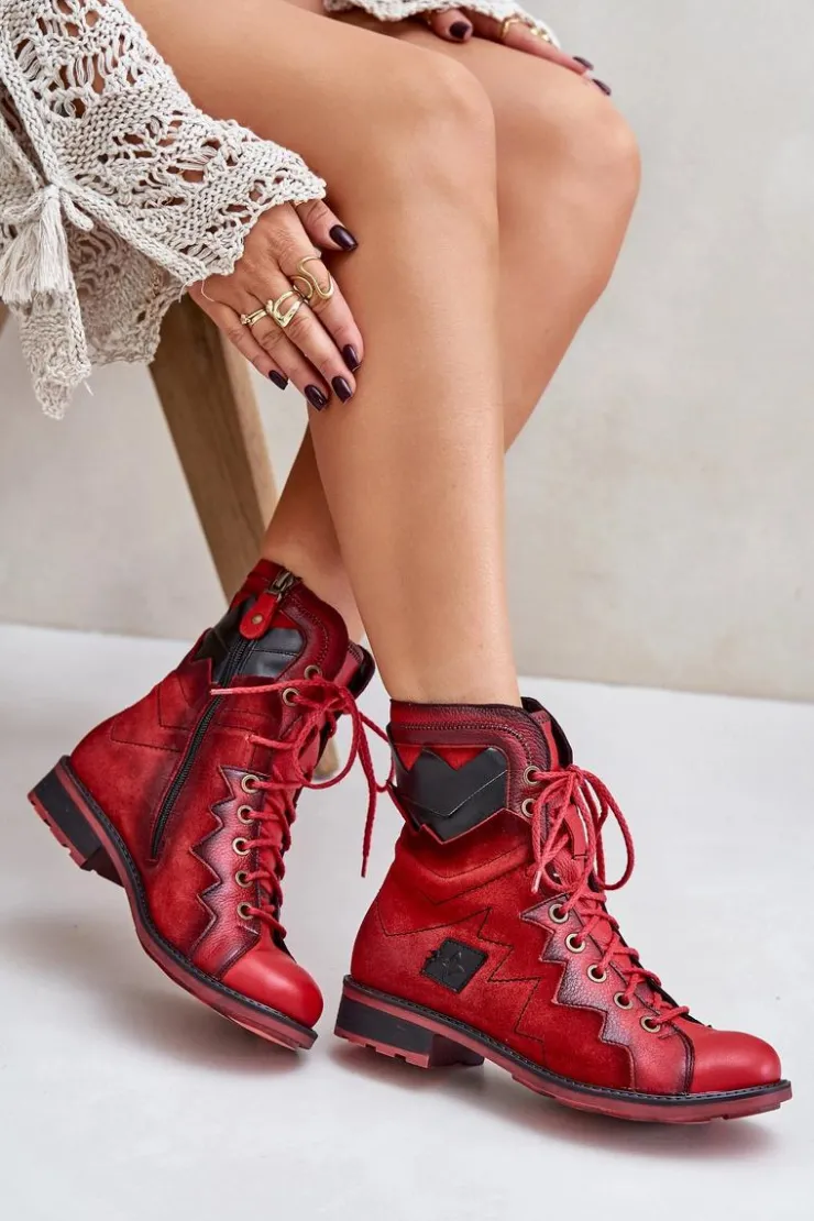 Maciejka Botki Maciejka|Botki Skórzane*Skórzane Ocieplane Botki Damskie Na Płaskim Obcasie 06106-08 Czerwone