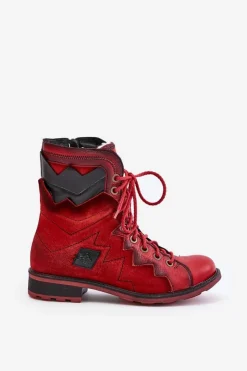 Maciejka Botki Maciejka|Botki Skórzane*Skórzane Ocieplane Botki Damskie Na Płaskim Obcasie 06106-08 Czerwone