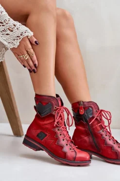 Maciejka Botki Maciejka|Botki Skórzane*Skórzane Ocieplane Botki Damskie Na Płaskim Obcasie 06106-08 Czerwone