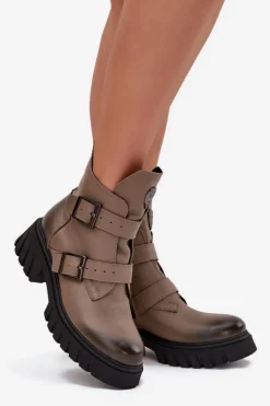 Zazoo Botki Ocieplane|Botki Na Obcasie*Skórzane Ocieplane Botki Damskie Z Klamrami I Ozdobnym Detalem 60482 Ciemnobeżowe Beżowy