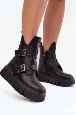 Buty damskie Vinceza Botki Ocieplane|Botki Skórzane*Skórzane Ocieplane Botki Damskie Na Platformie Z Klamrami Vinceza 66842 Czarne