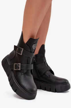 Buty damskie Vinceza Botki Ocieplane|Botki Skórzane*Skórzane Ocieplane Botki Damskie Na Platformie Z Klamrami Vinceza 66842 Czarne