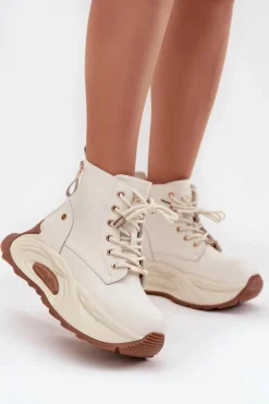 New GOE Skórzane Ocieplane Botki Damskie Na Platformie SS2N4300 Jasnobeżowe Beżowy