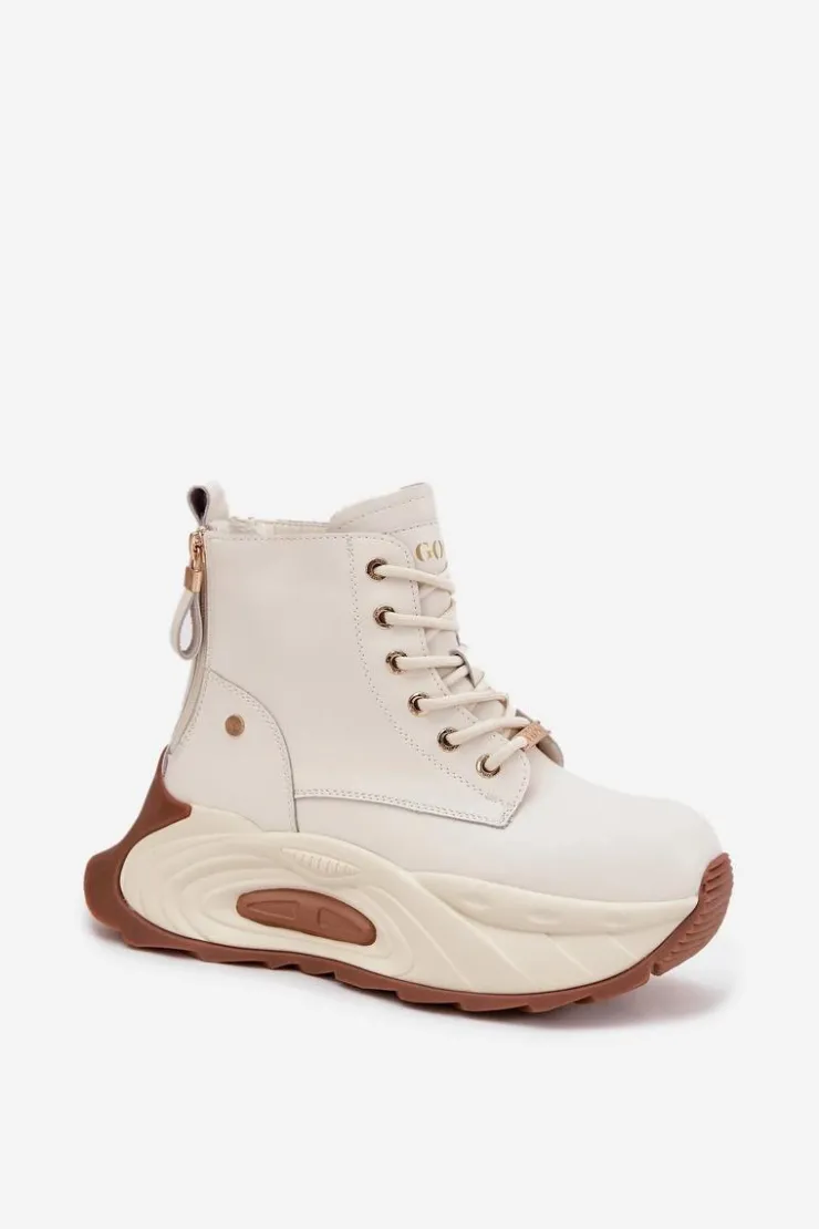 New GOE Skórzane Ocieplane Botki Damskie Na Platformie SS2N4300 Jasnobeżowe Beżowy