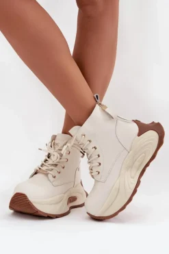 New GOE Skórzane Ocieplane Botki Damskie Na Platformie SS2N4300 Jasnobeżowe Beżowy