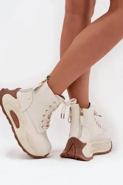 New GOE Skórzane Ocieplane Botki Damskie Na Platformie SS2N4300 Jasnobeżowe Beżowy