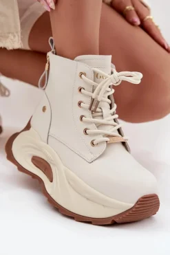 New GOE Skórzane Ocieplane Botki Damskie Na Platformie SS2N4300 Jasnobeżowe Beżowy