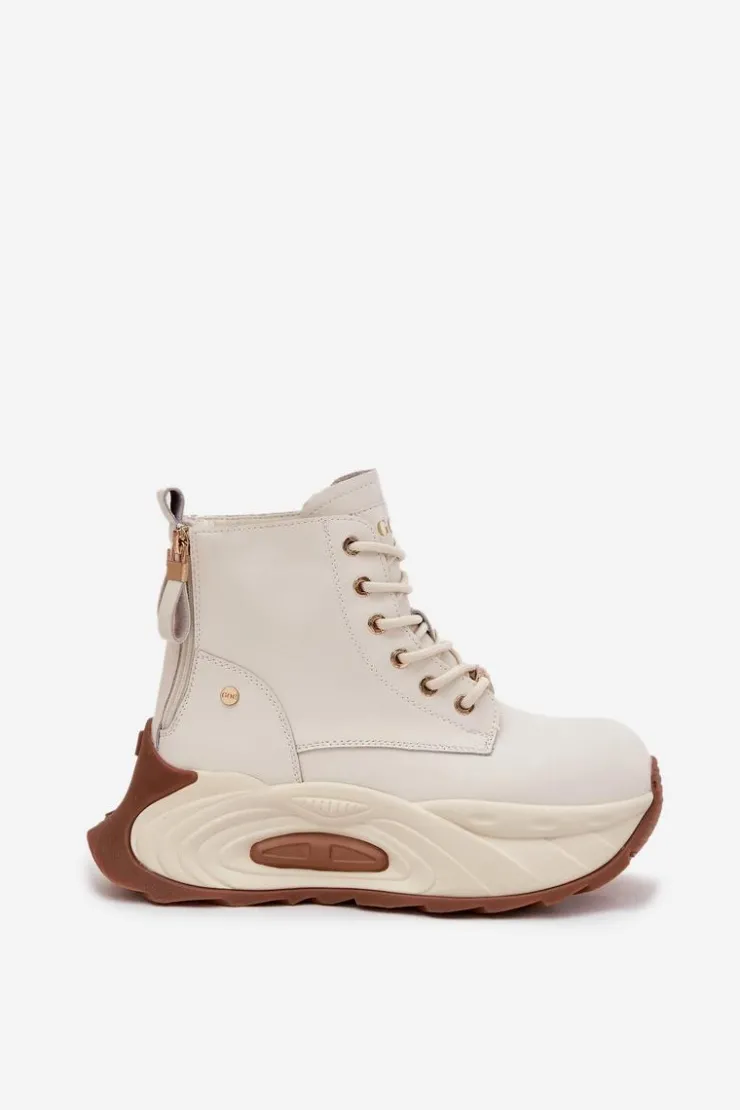 New GOE Skórzane Ocieplane Botki Damskie Na Platformie SS2N4300 Jasnobeżowe Beżowy