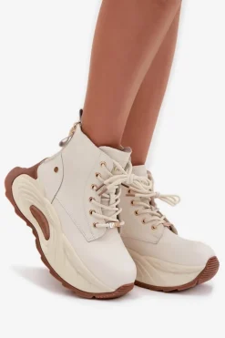 New GOE Skórzane Ocieplane Botki Damskie Na Platformie SS2N4300 Jasnobeżowe Beżowy