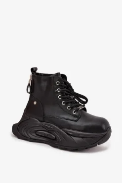 Damskie GOE Skórzane Ocieplane Botki Damskie Na Platformie SS2N4301 Czarne