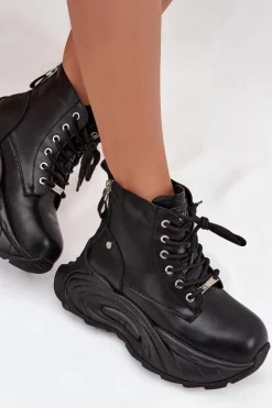 Damskie GOE Skórzane Ocieplane Botki Damskie Na Platformie SS2N4301 Czarne