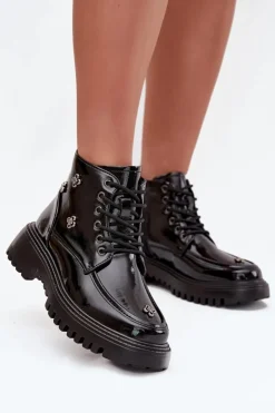 Discount Artiker Skórzane Ocieplane Botki Damskie Z Ozdobami Lakierowane 57C0345 Czarne