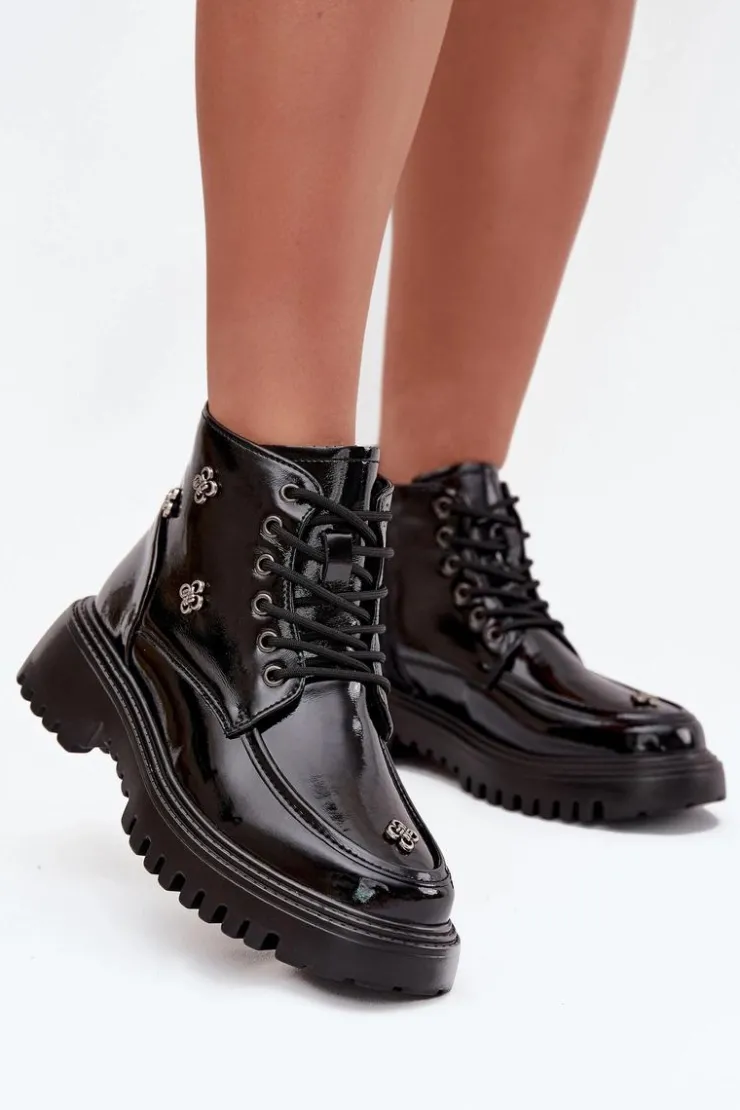 Discount Artiker Skórzane Ocieplane Botki Damskie Z Ozdobami Lakierowane 57C0345 Czarne