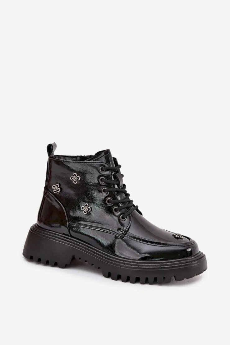 Discount Artiker Skórzane Ocieplane Botki Damskie Z Ozdobami Lakierowane 57C0345 Czarne