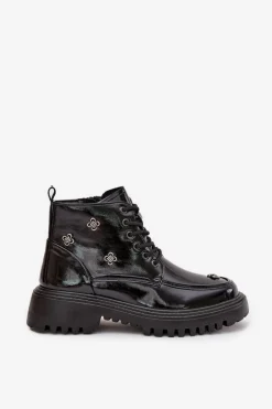 Discount Artiker Skórzane Ocieplane Botki Damskie Z Ozdobami Lakierowane 57C0345 Czarne