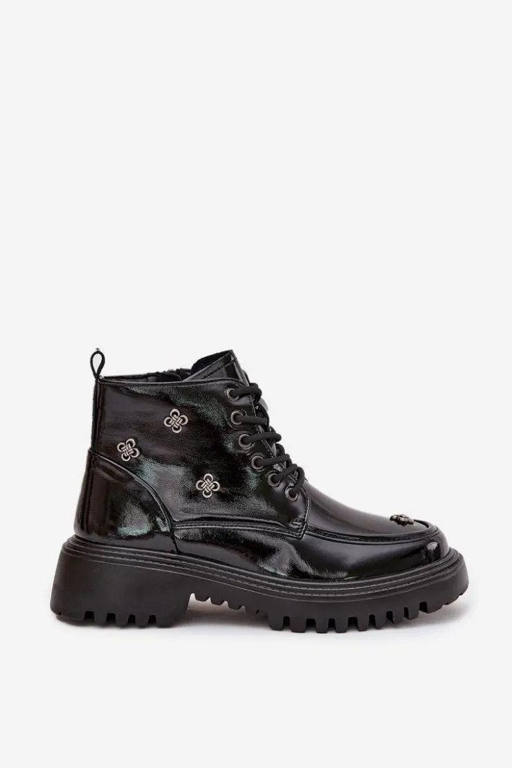 Discount Artiker Skórzane Ocieplane Botki Damskie Z Ozdobami Lakierowane 57C0345 Czarne