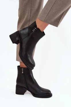 Outlet Buty damskie Vinceza Skórzane Ocieplane Botki Damskie Na Klocku Vinceza 91159 Czarne Czarny