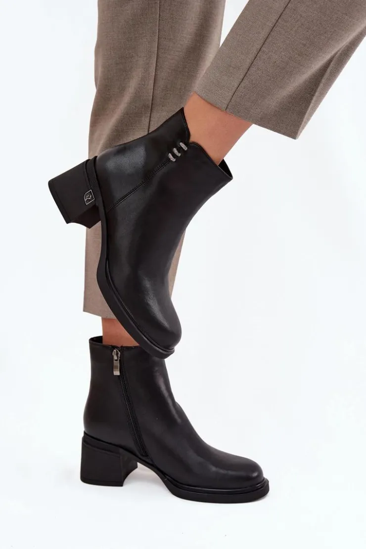 Outlet Buty damskie Vinceza Skórzane Ocieplane Botki Damskie Na Klocku Vinceza 91159 Czarne Czarny