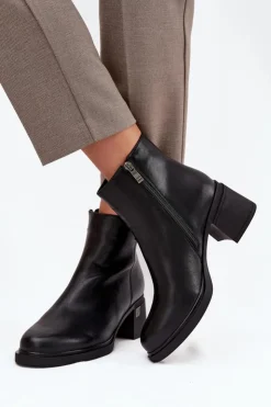 Outlet Buty damskie Vinceza Skórzane Ocieplane Botki Damskie Na Klocku Vinceza 91159 Czarne Czarny