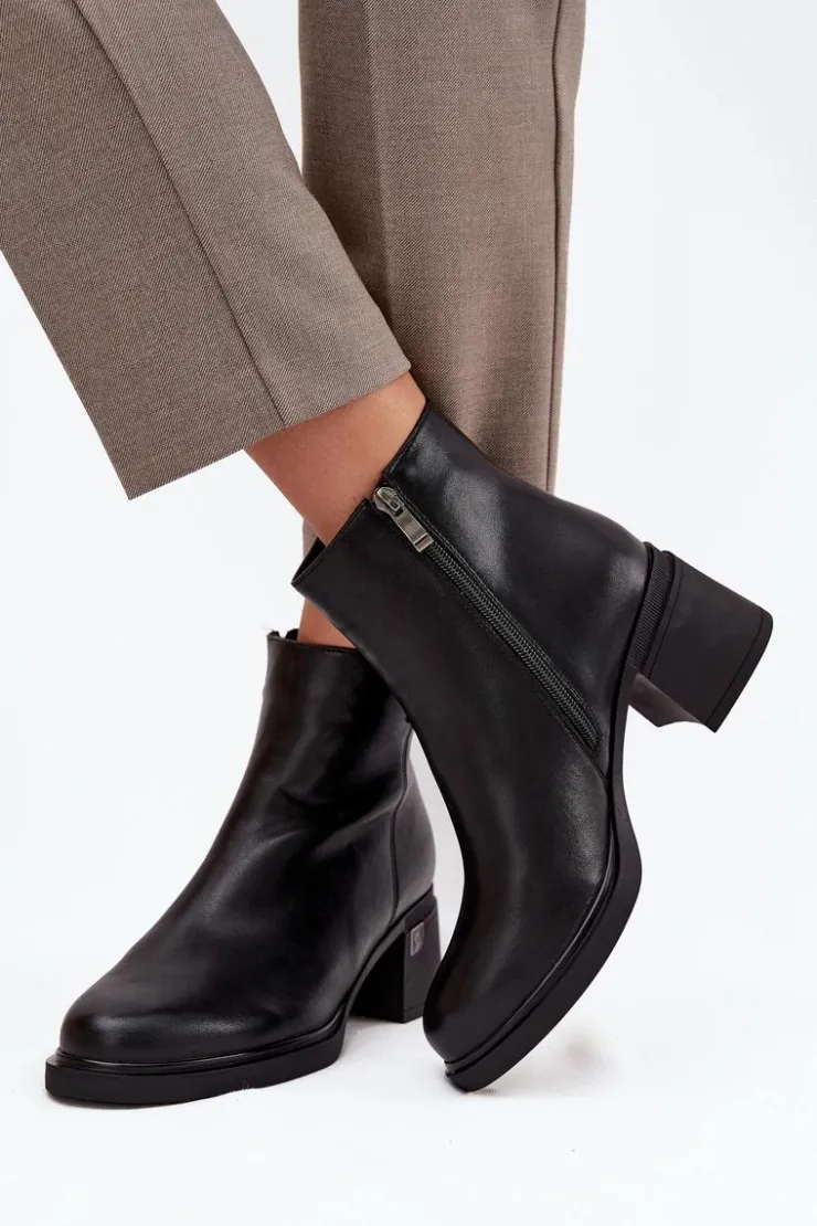 Outlet Buty damskie Vinceza Skórzane Ocieplane Botki Damskie Na Klocku Vinceza 91159 Czarne Czarny