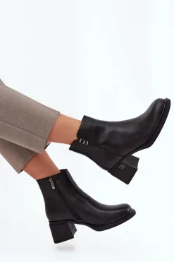 Outlet Buty damskie Vinceza Skórzane Ocieplane Botki Damskie Na Klocku Vinceza 91159 Czarne Czarny