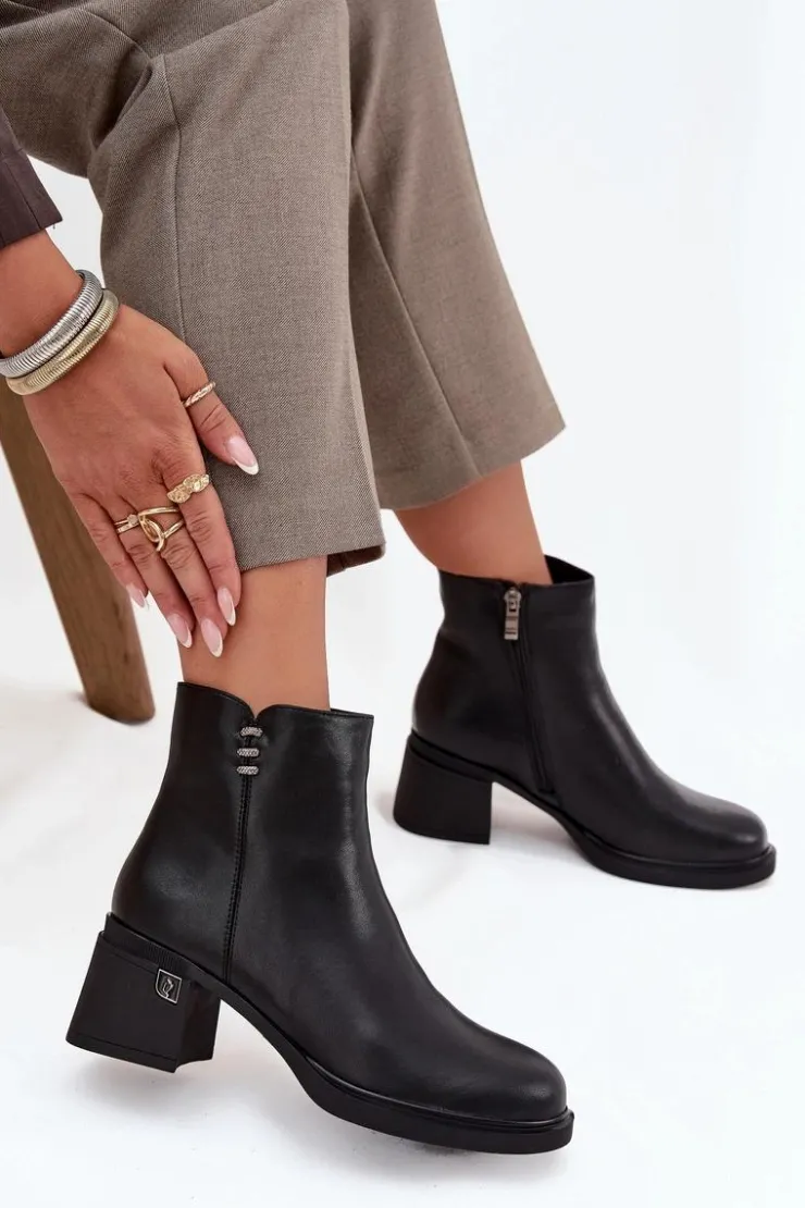 Outlet Buty damskie Vinceza Skórzane Ocieplane Botki Damskie Na Klocku Vinceza 91159 Czarne Czarny