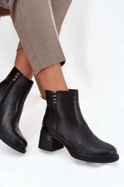 Outlet Buty damskie Vinceza Skórzane Ocieplane Botki Damskie Na Klocku Vinceza 91159 Czarne Czarny